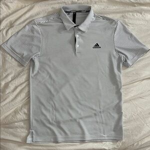 Adidas White and Blue Stripped Polo Shirt Performance Athletic